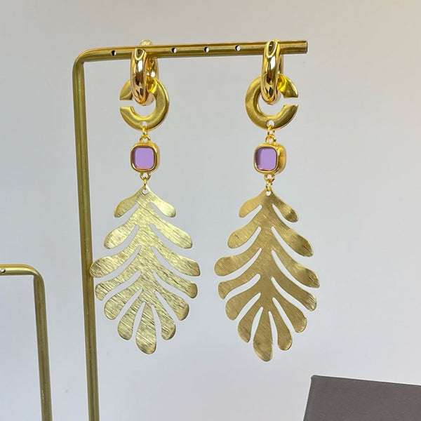 Boucles d'oreilles feuille Monstera et cristal violet  x CANOPÉE DORÉE