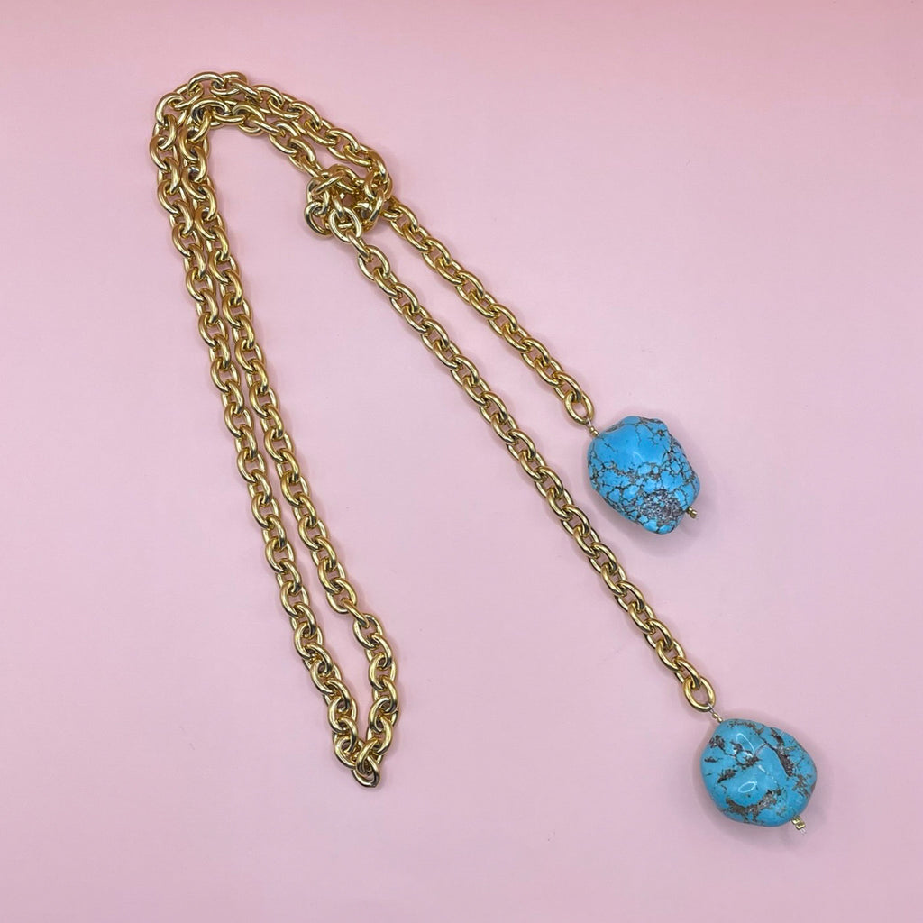 Sautoir cravate chaîne dorée & turquoise x PRÉCIEUSE